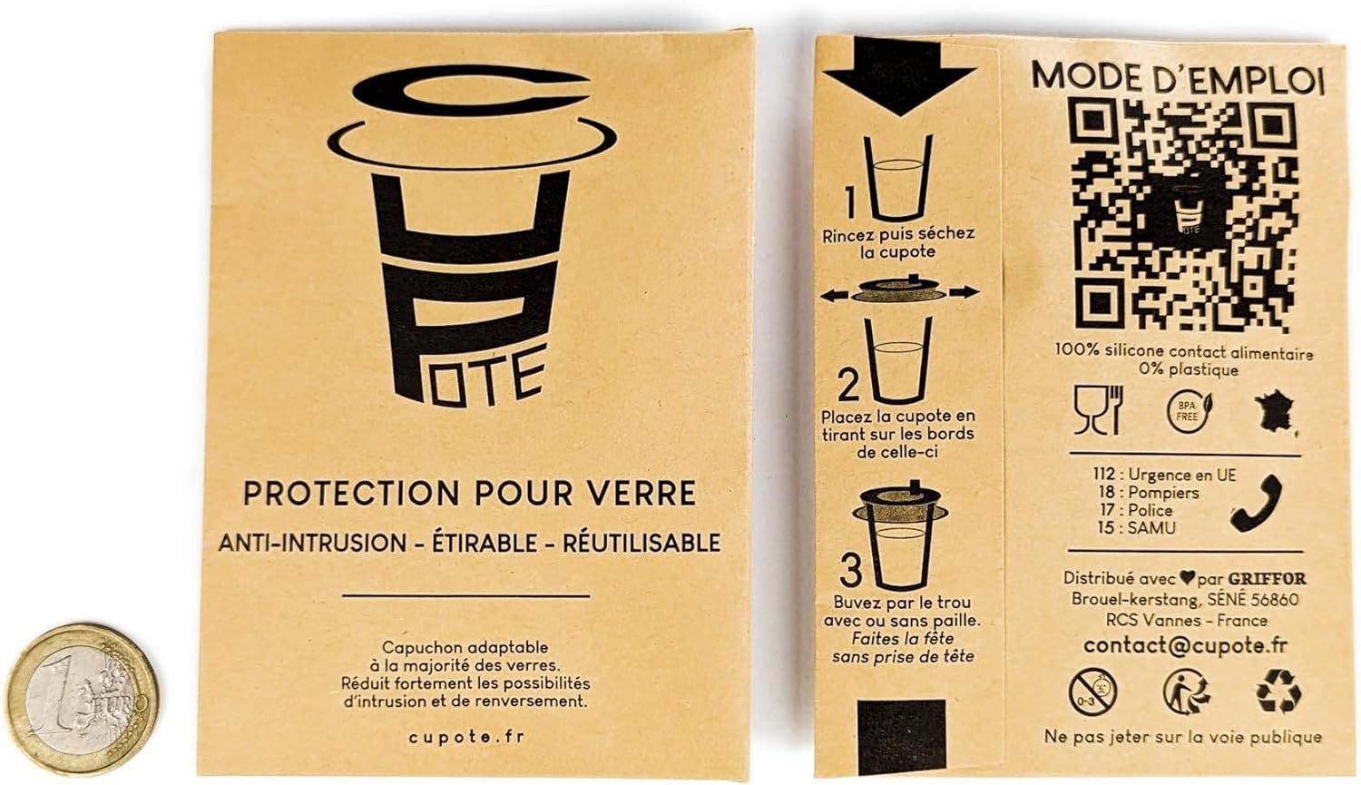 Deux emballages Cupote et pièce d'euro pour l'échelle